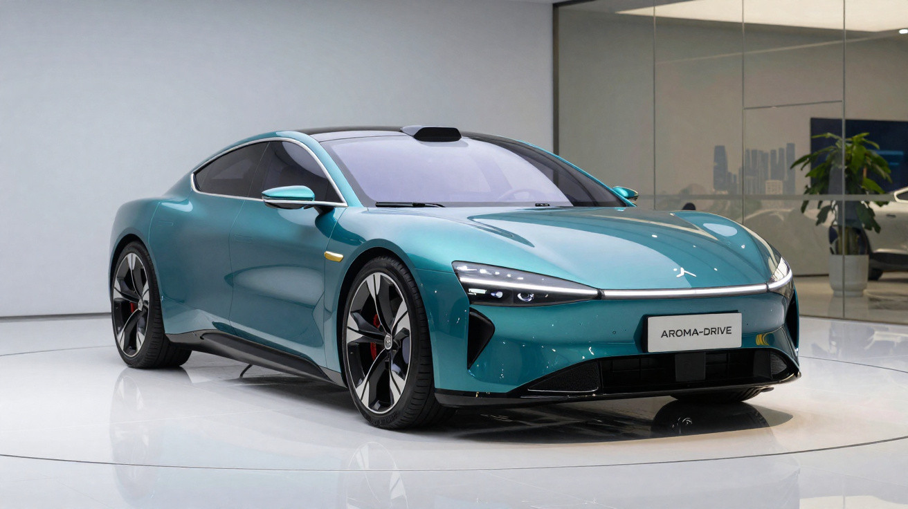 Glossy teal electric sports car with aerodynamic design displayed in a modern showroom with reflective floor.