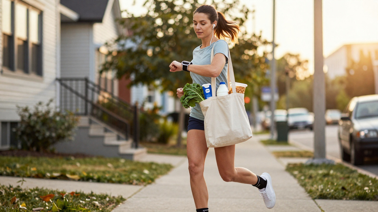 Young woman jogging on a suburban sidewalk carrying groceries in a tote bag while checking her smartwatch.