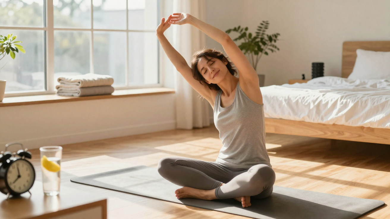 Woman stretching on a yoga mat in a bright bedroom with a bed, alarm clock, and glass of lemon water nearby.