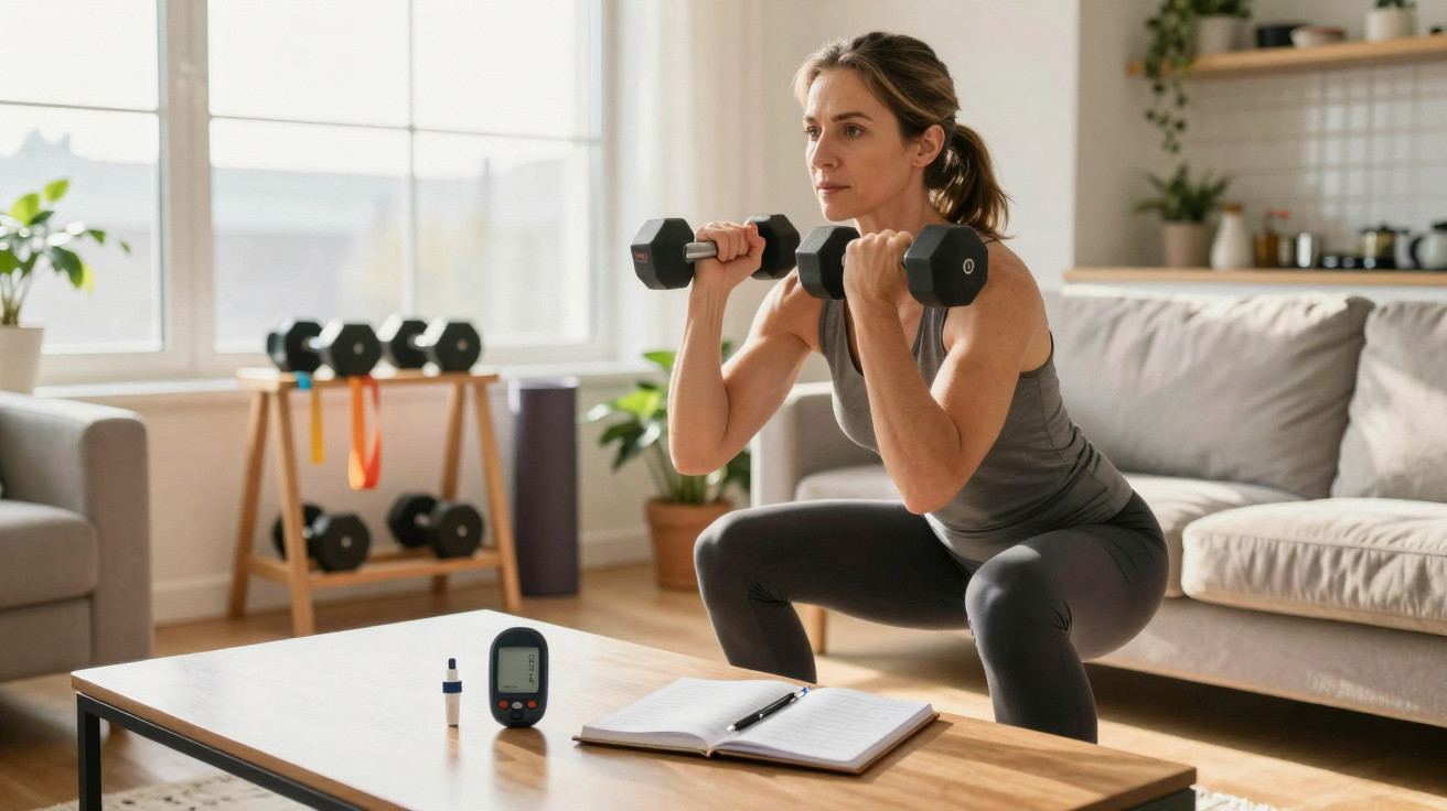 Woman doing dumbbell squats in living room with glucose meter and notebook on table nearby