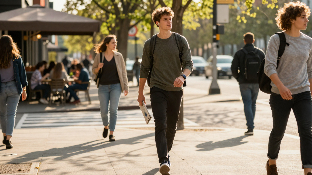 Young adults walking along a sunlit city pavement with trees and outdoor café seating in the background.