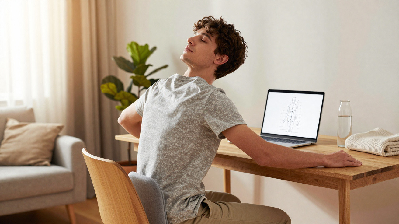 Young man stretching his back sitting at a desk with a laptop and water bottle in a bright room