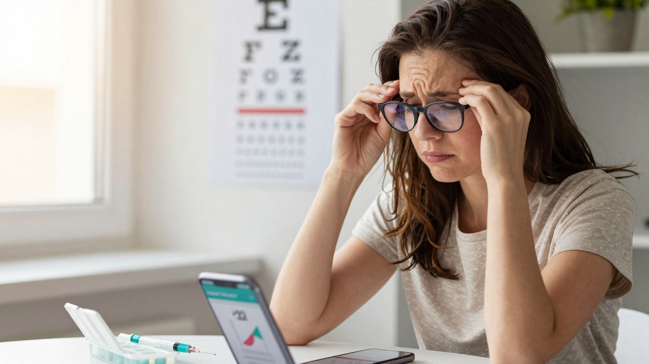 Woman wearing glasses looks stressed while using a digital device with medical supplies on the table.