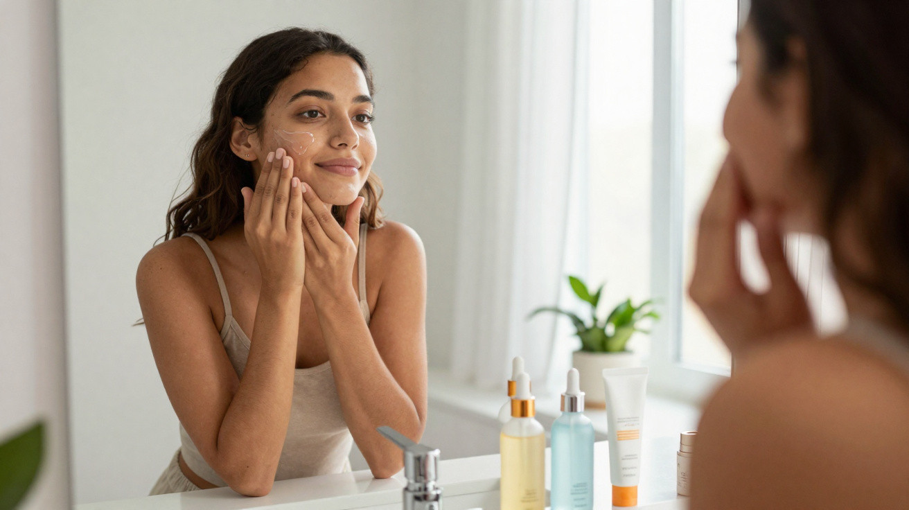 Young woman applying facial cream in front of a bathroom mirror with skincare products on the counter.