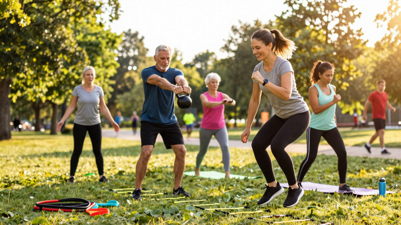 A group of diverse adults exercising with kettlebells and agility ladders in a sunny park.