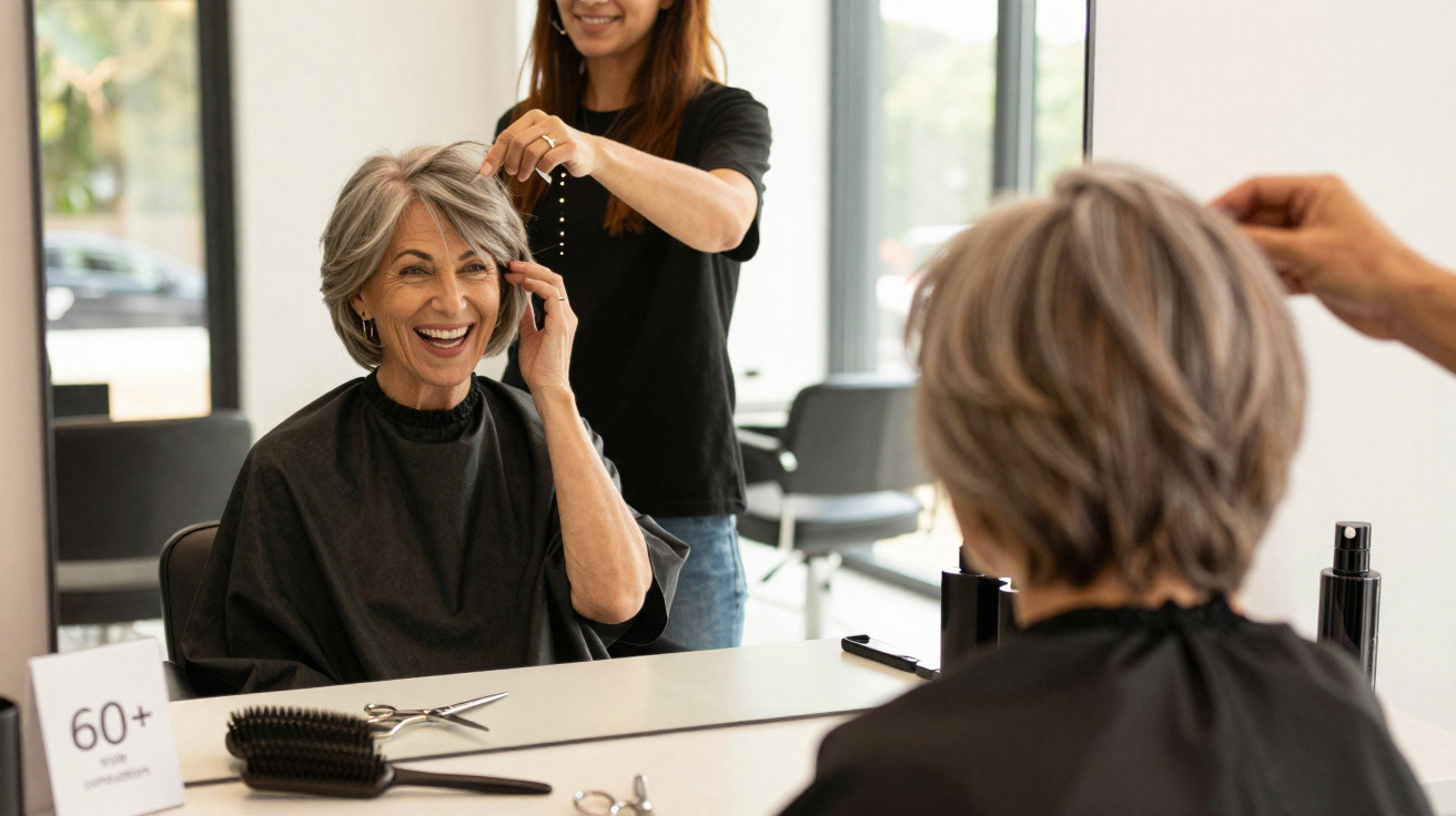 Smiling older woman with grey hair getting a haircut at a salon, looking at her reflection in the mirror.