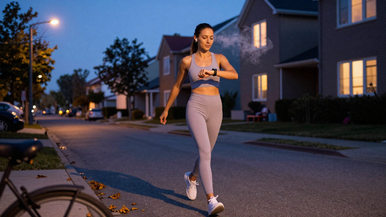 Young woman jogging in sportswear on a suburban street at dusk, checking her smartwatch.
