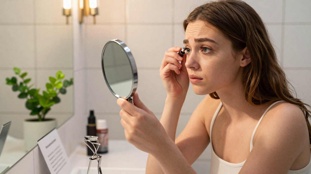 Young woman applying mascara using a handheld mirror in a bathroom with a plant in the background.