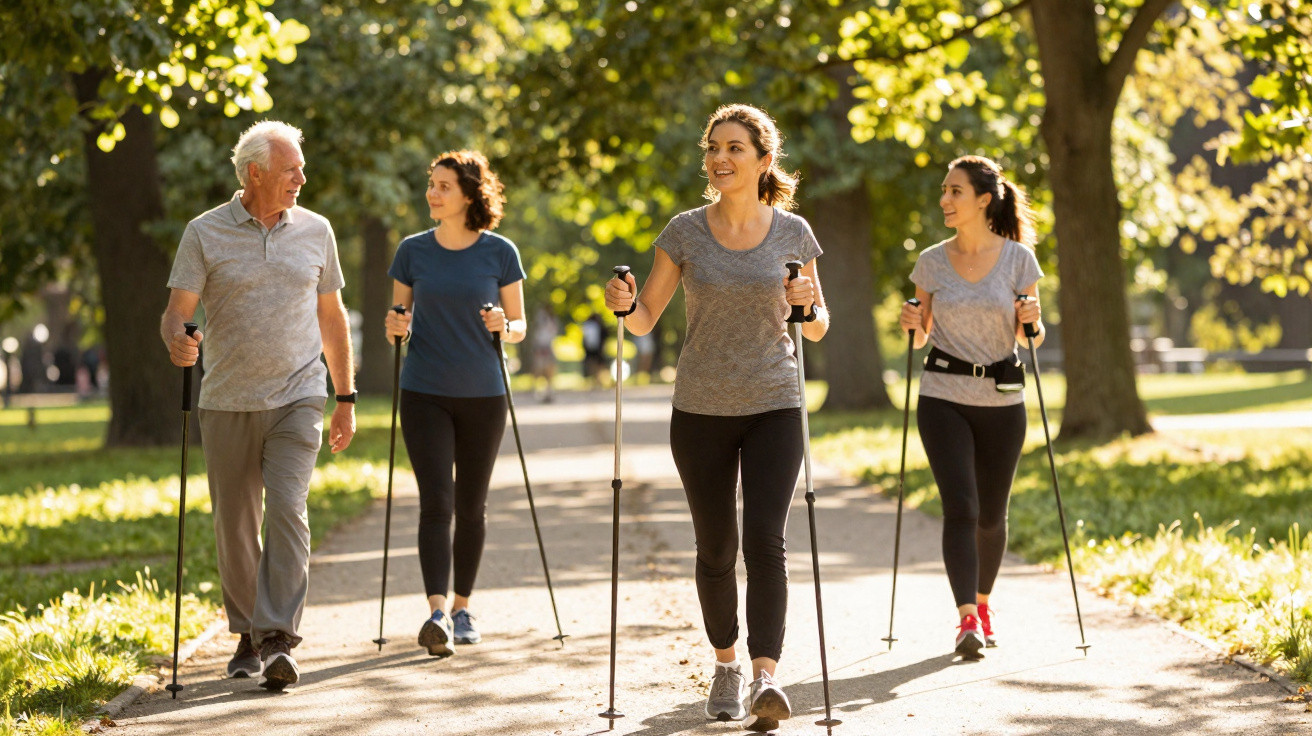 Group of four people Nordic walking with poles on a sunny park pathway surrounded by trees.
