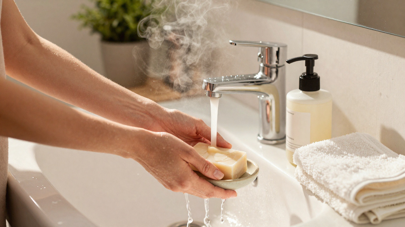 Person holding soap under running warm water from a bathroom sink tap with steam rising and towels nearby.