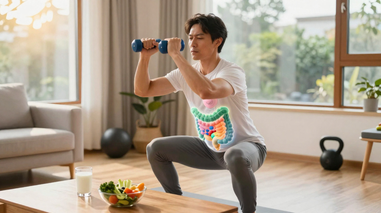 Man doing squats with dumbbells in living room, with a digital overlay of digestive system on his shirt.