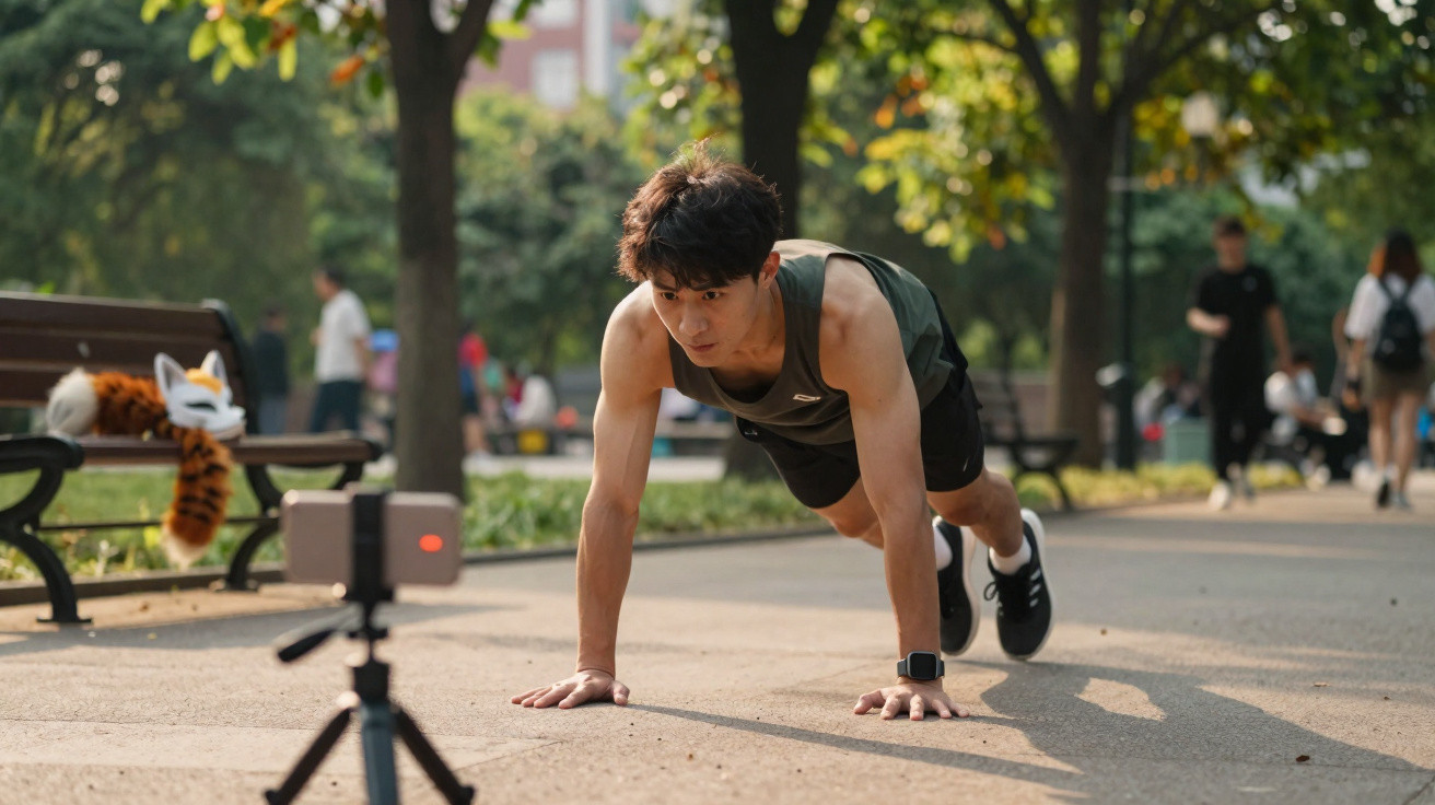 Man in sportswear doing plank exercise outdoors recording on camera in park on sunny day.