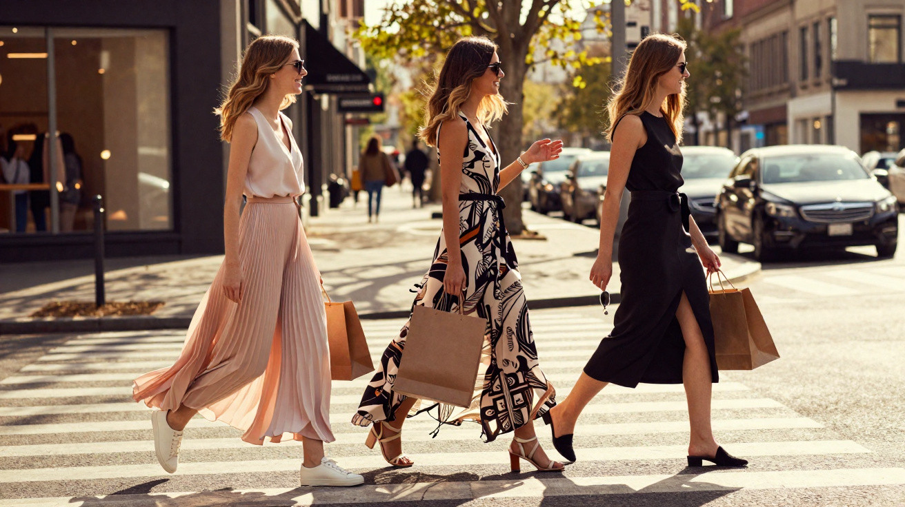 Three stylish women walking across a city street carrying shopping bags on a sunny day.