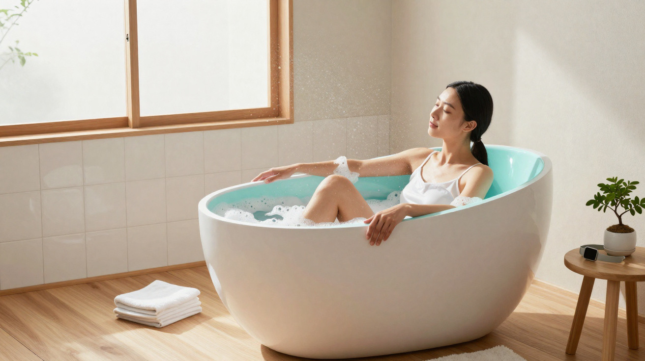 Woman relaxing in a modern white bathtub with bubbles in a bright bathroom with wooden floor and window light.