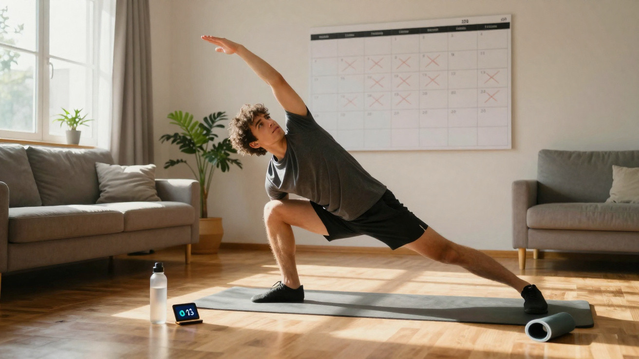 Young man in sportswear stretching on yoga mat in living room with water bottle and digital timer nearby.