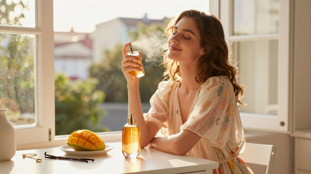 Woman sitting by a window, spraying perfume with mango and vanilla pod on the table in warm sunlight.