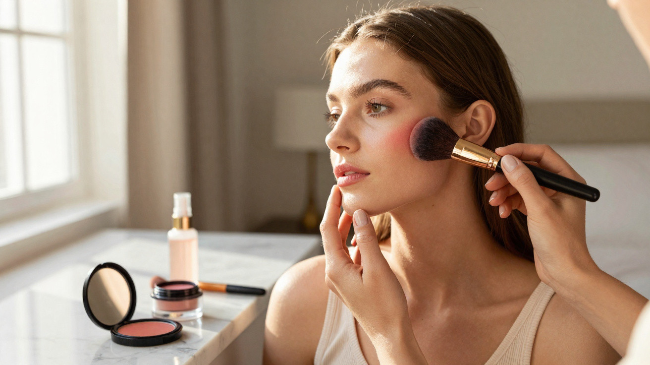 Person applying blush makeup with a brush on a woman's cheek in a softly lit room by a window.