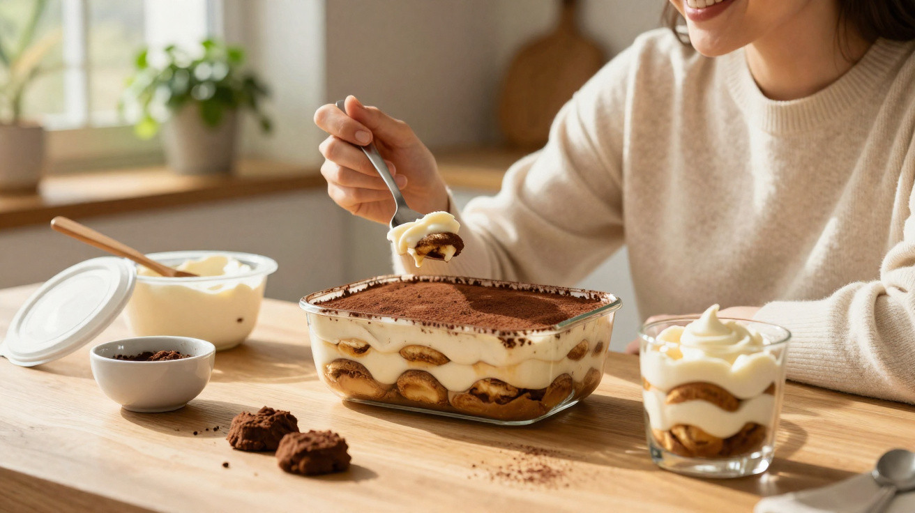 Person enjoying a homemade tiramisu dessert with cocoa powder and cream in a glass dish on a wooden table.