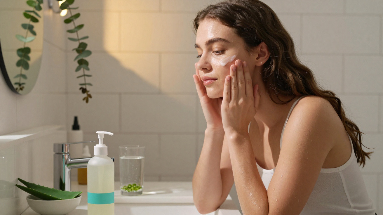 Woman in a white vest applying face cream in a bright bathroom with aloe vera and skincare products nearby