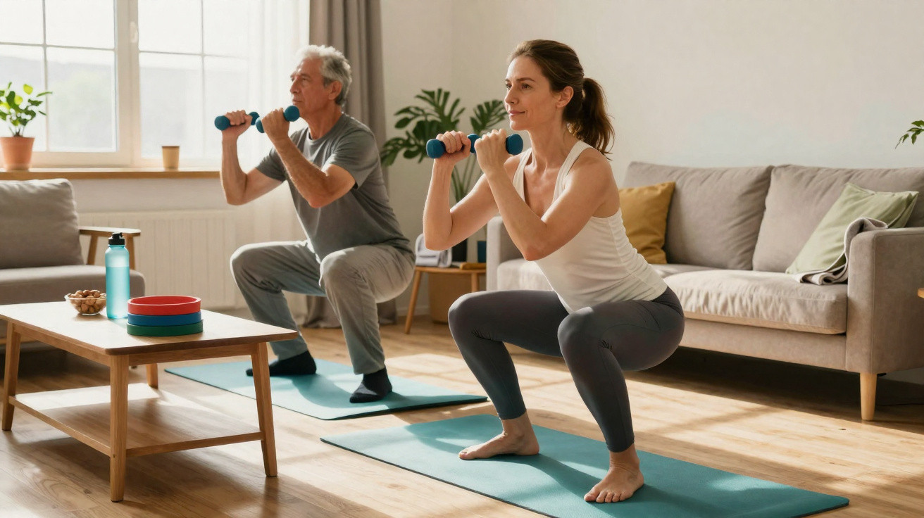 Older man and woman exercising with dumbbells on yoga mats in a bright living room.