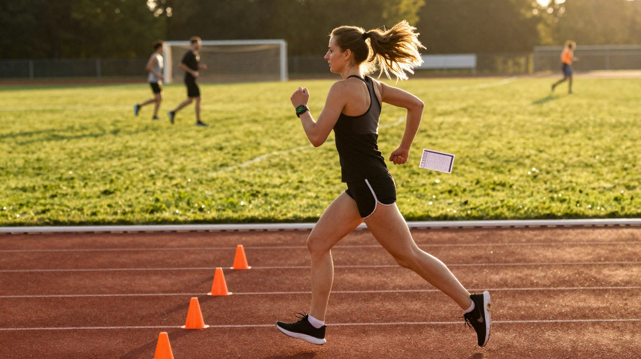 Woman running on an outdoor track during sunset with orange training cones and people in the background.