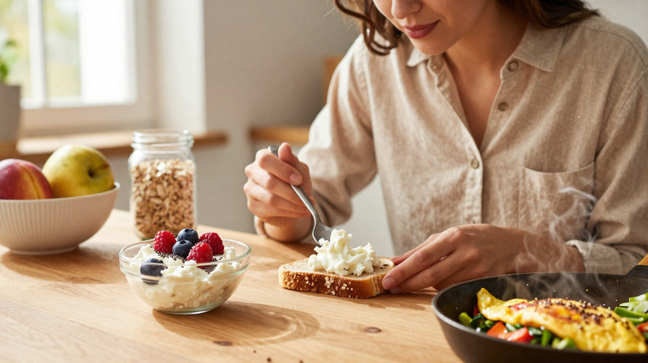 Woman spreading cottage cheese on whole grain bread at wooden kitchen table with fruit and vegetables nearby