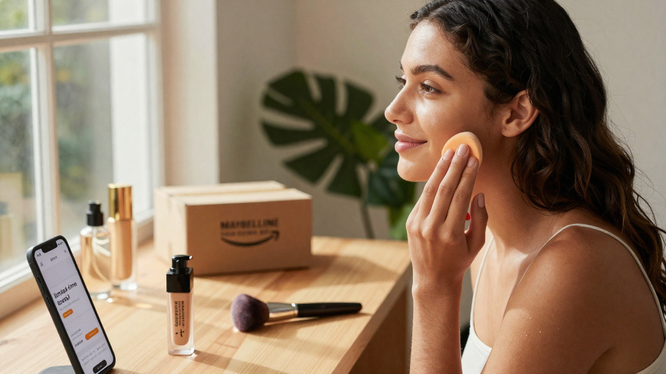 Woman applying makeup with a cosmetic sponge at a wooden desk by a window, phone and makeup products nearby.