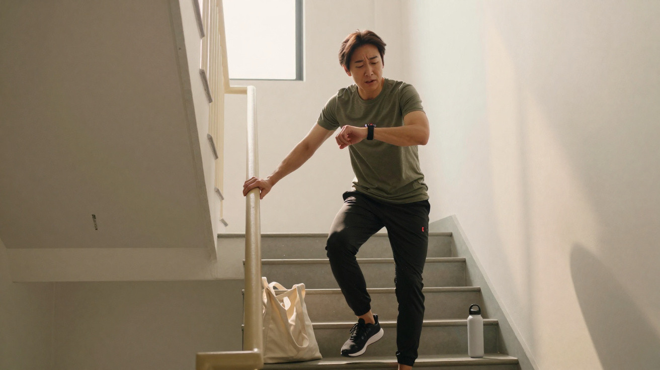 Man in sportswear clutching his chest while walking down stairs in a building, appearing to be in pain.