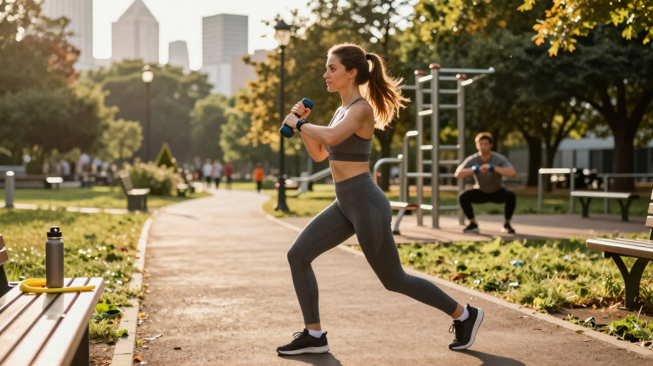 Woman performing lunges with dumbbells in a sunlit park, with a man exercising in the background.