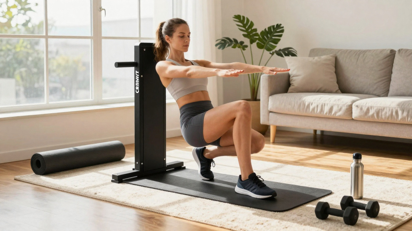 Woman performing pistol squats using a support bar on a yoga mat in a bright living room.