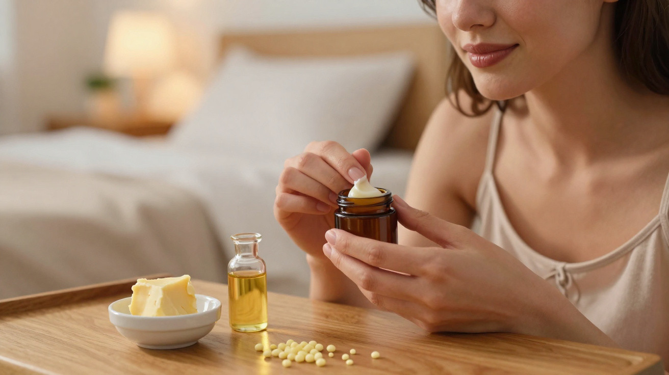 Woman holding a brown jar and scooping cream, with butter, oil bottle, and yellow capsules on wooden tray.