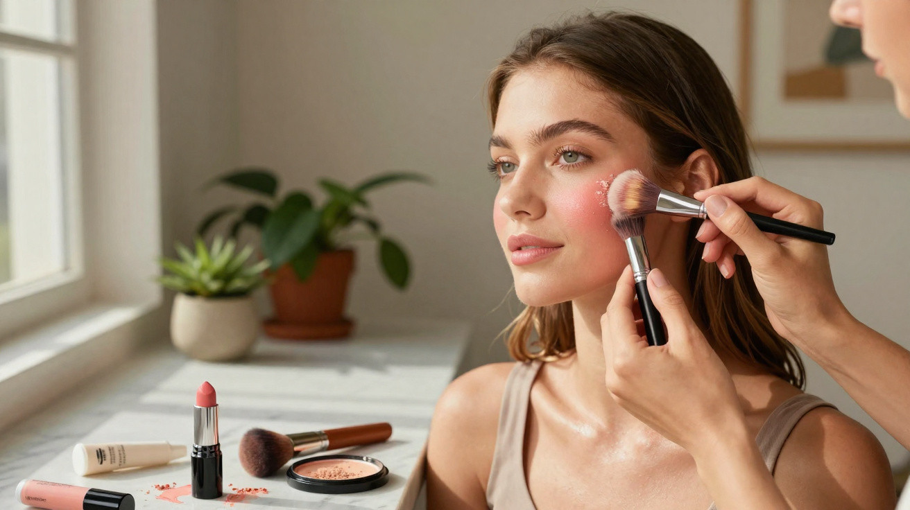 Makeup artist applying blush with brushes on a young woman's cheek in a bright room.