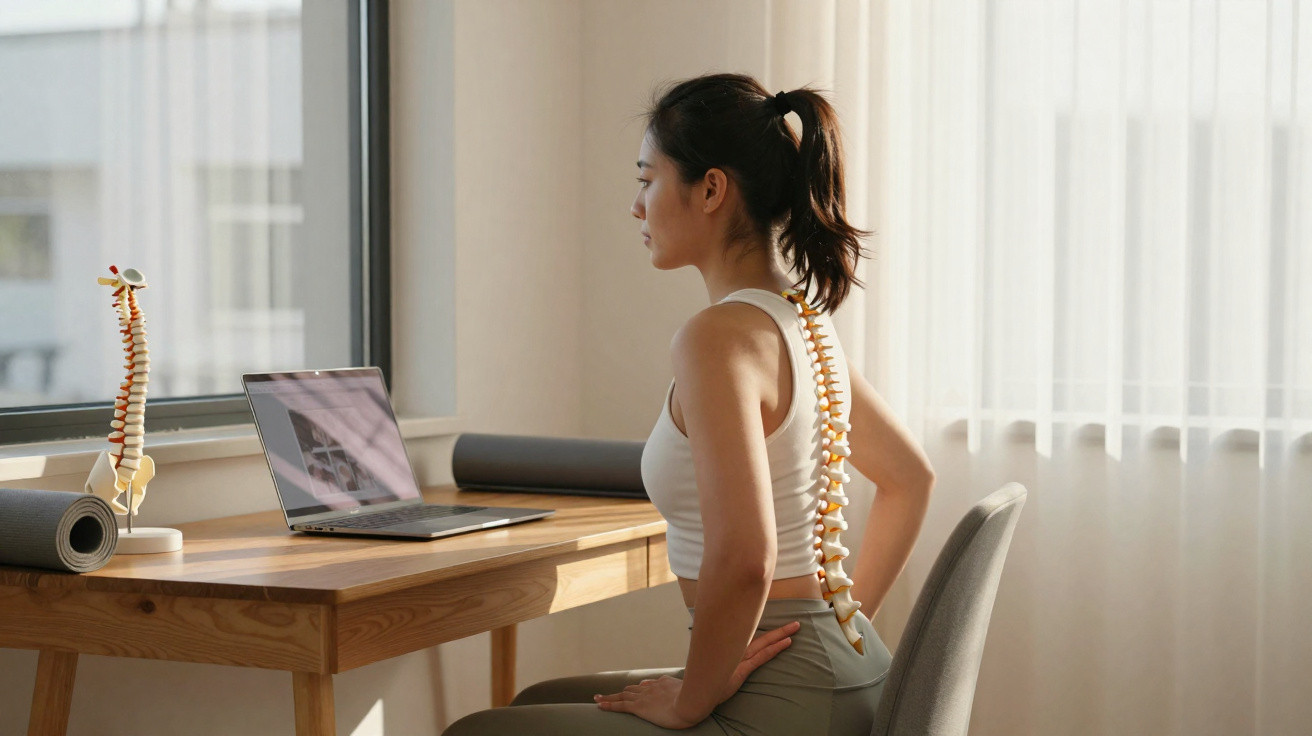 Woman sitting upright at desk with digital spine overlay and spine model next to laptop by window