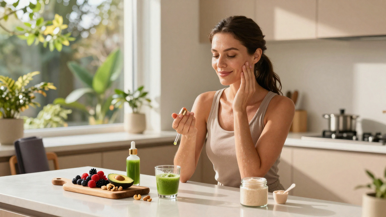 Woman applying skincare serum in bright kitchen with healthy foods and plants on the counter.