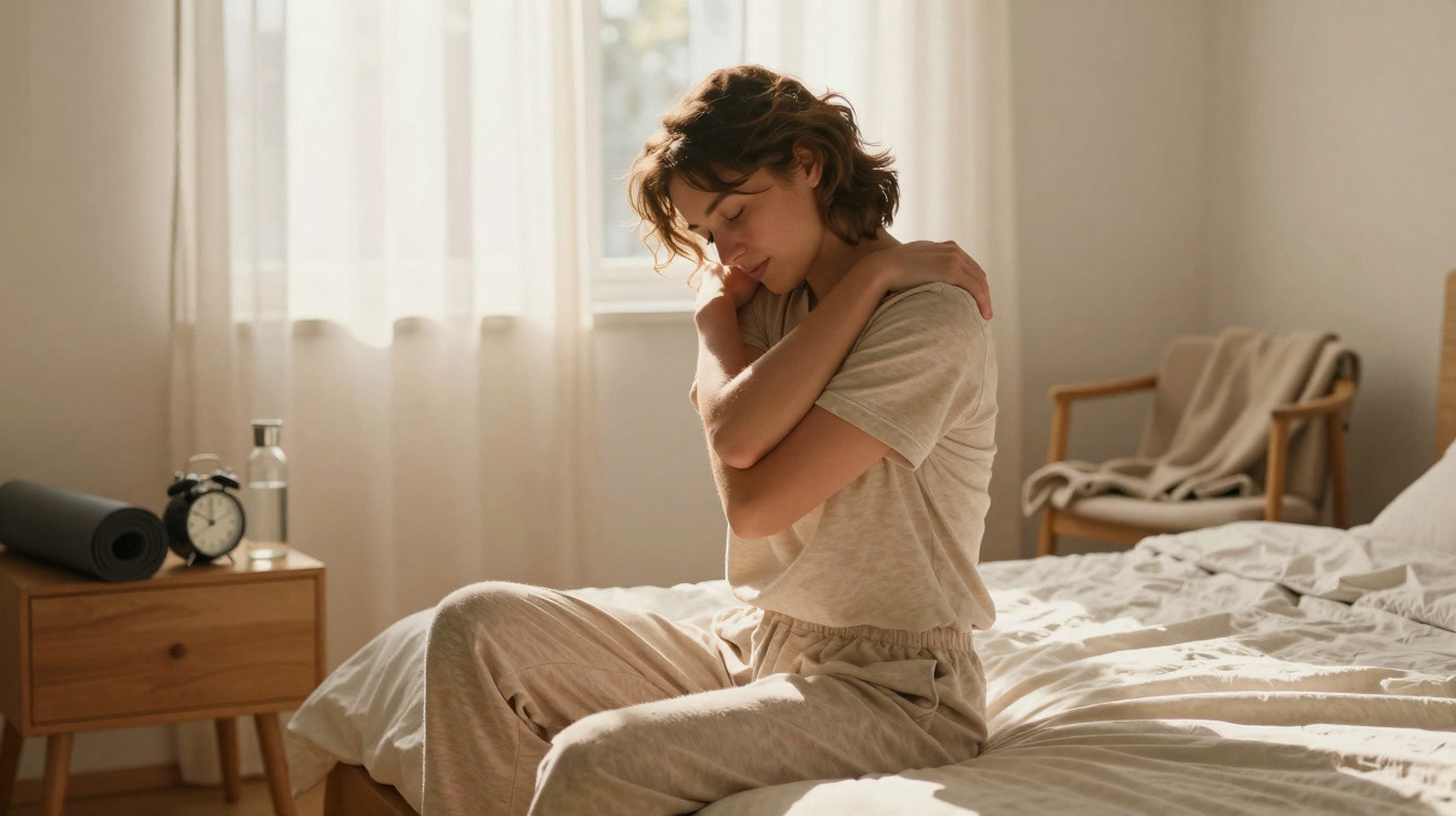 Woman sitting on bed with eyes closed hugging herself in softly lit bedroom.