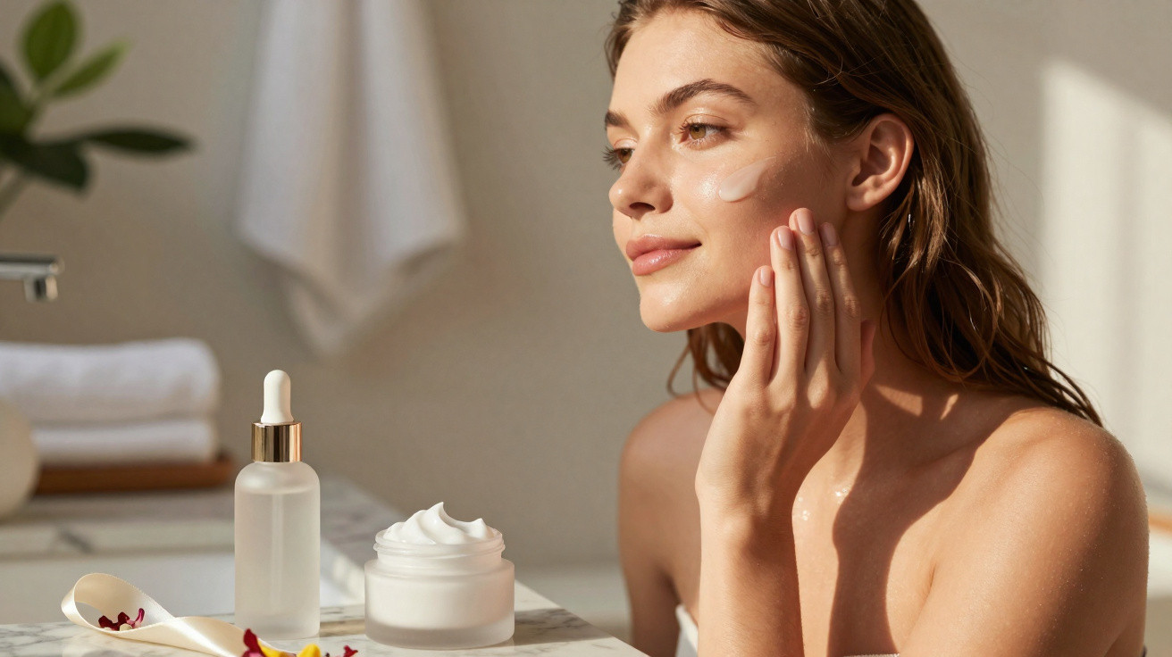 Woman applying cream to her face with skincare products on a marble countertop in soft natural light.