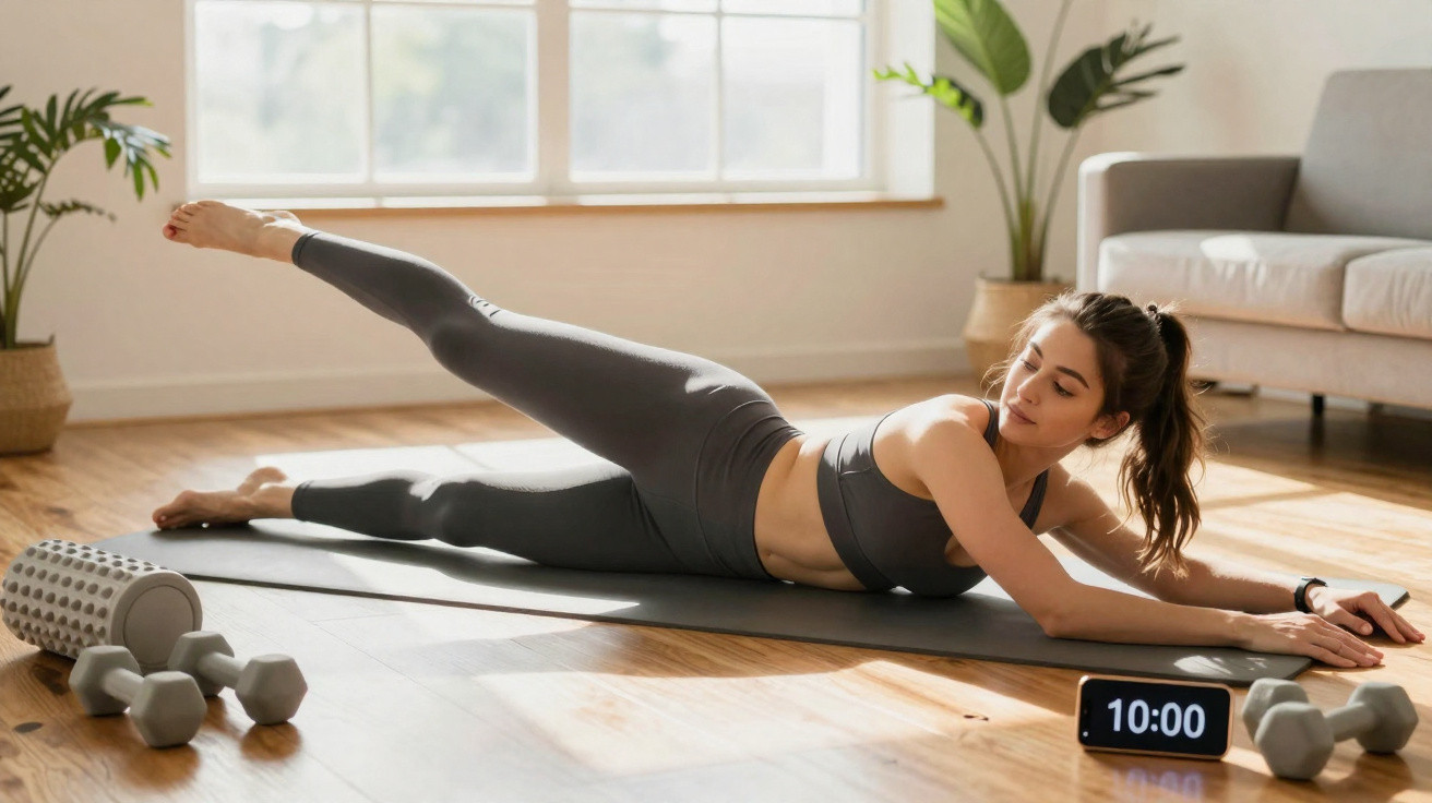 Woman in grey workout clothes doing leg lifts on a mat in a sunlit living room with dumbbells nearby