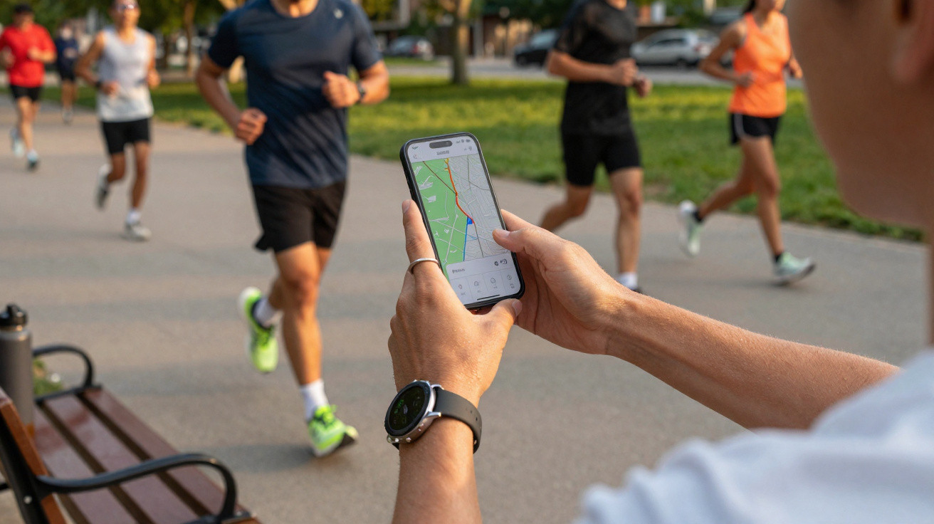 Person holding smartphone with running route app while others jog on park path in the background.