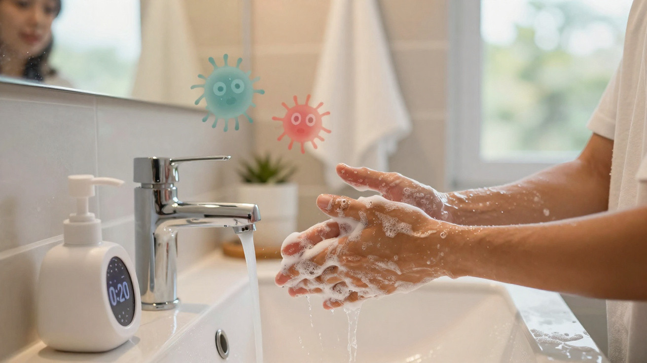 Person washing hands with soap at sink, with animated virus icons and timer on soap dispenser nearby.