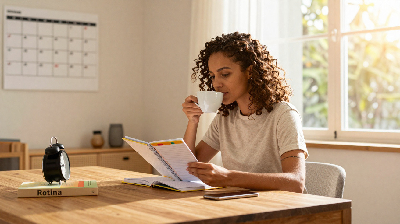 Woman drinking coffee while reading a notebook at a wooden table near a window in a bright room