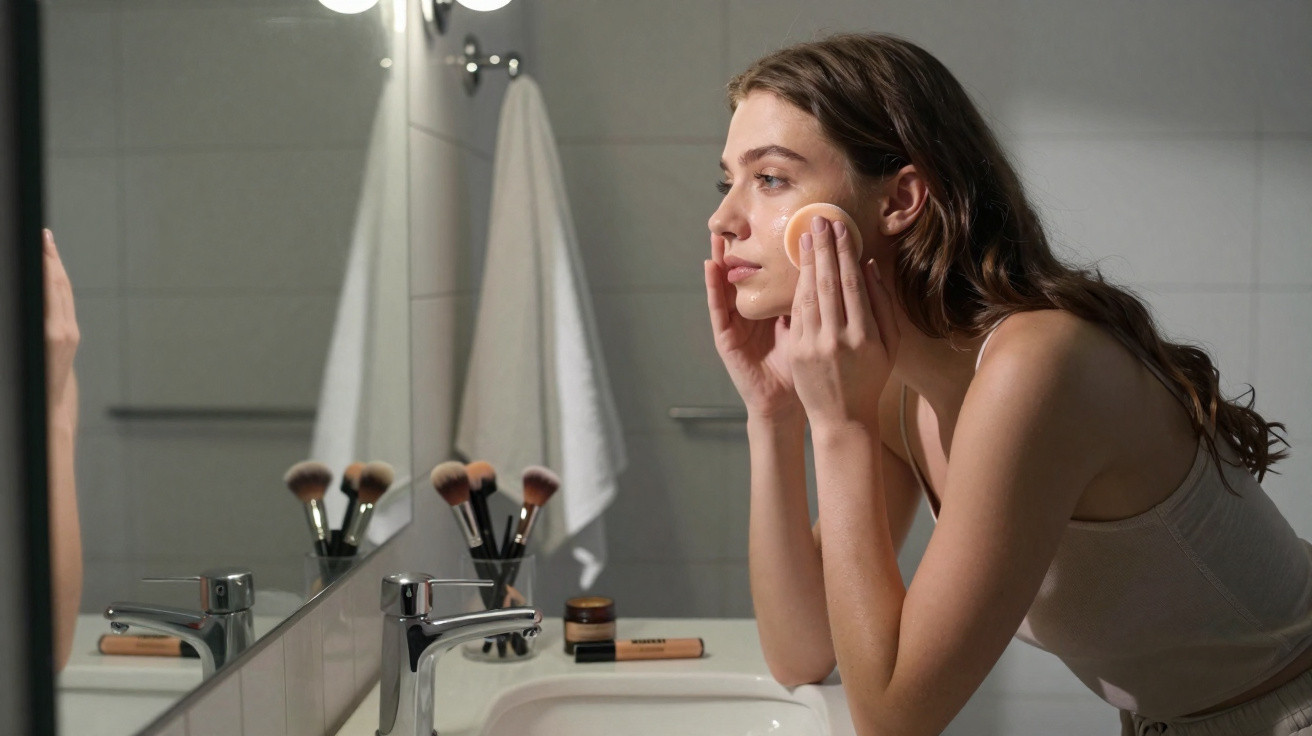 Young woman applying foundation with a sponge while looking into a bathroom mirror.