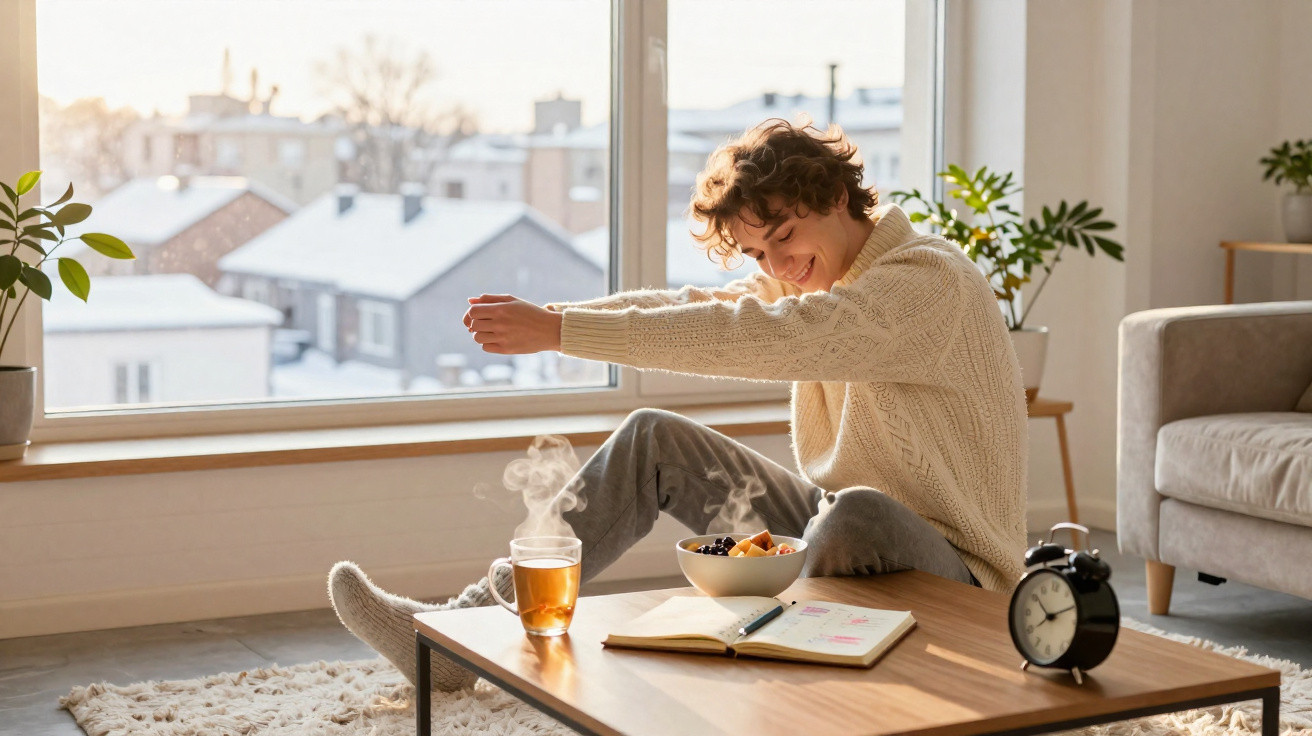 Young person stretching on the floor by a window with breakfast, tea, notebook, and alarm clock on a coffee table.