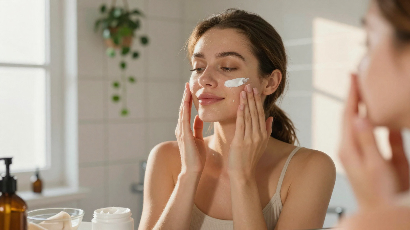 Young woman applying face cream in bathroom with mirror and skincare products visible.