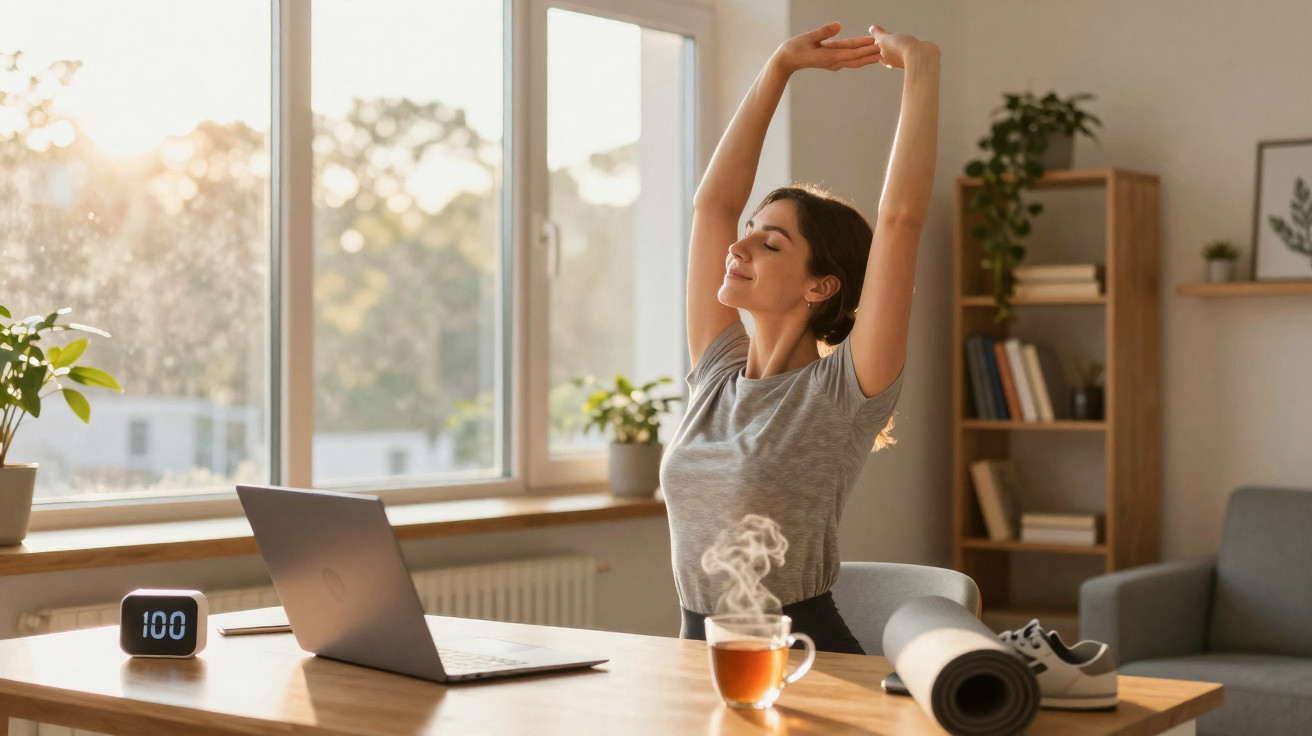 Woman stretching at a desk with a laptop, steaming cup of tea, and yoga mat in a sunlit room.