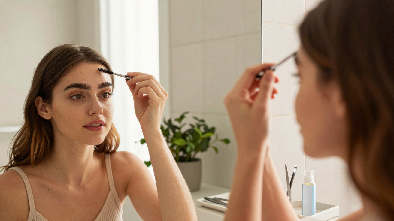 Young woman grooming eyebrows using a spoolie brush in front of a bathroom mirror.