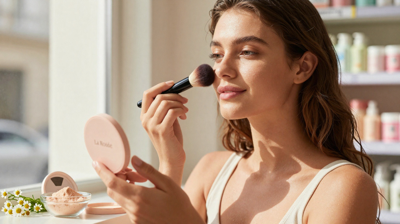 Young woman applying makeup with a brush while holding a compact mirror in a sunlit room.