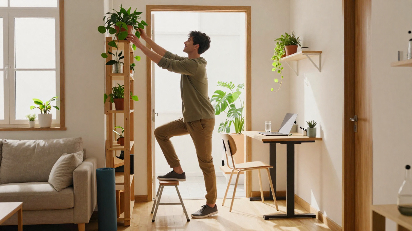 Man standing on a step stool adjusting a potted plant on a wooden shelf in a bright living room.