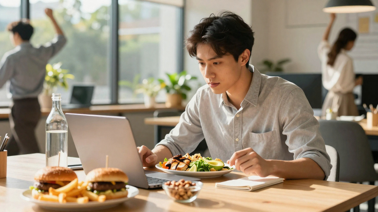 Young man eating salad and working on laptop in a bright modern office with colleagues in the background.