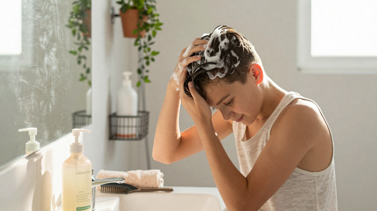 Boy washing hair with shampoo in a bright bathroom with plants and toiletries on the sink.