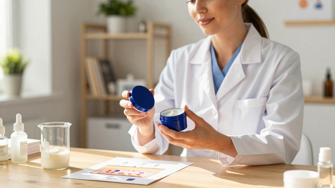 Female scientist in white coat examining skincare cream in blue container at a wooden desk in a lab.